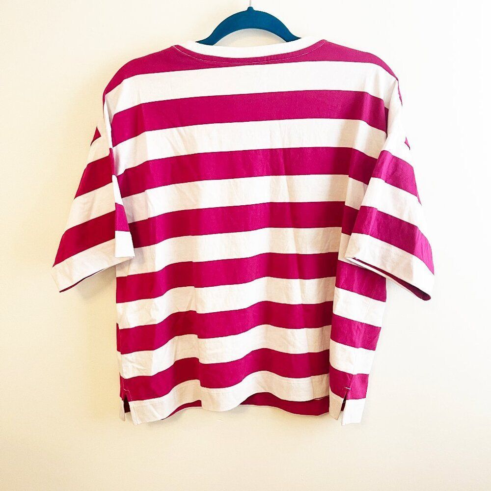 Loft Magenta White Striped Heavy Jersey Modern Tee  Dropped Shoulders- Large NWT - Picture 3 of 4